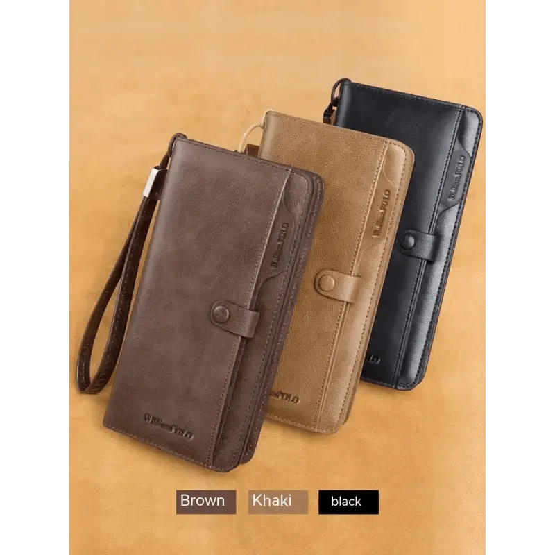 Men's Long Wallet with Genuine Leather & Multiple Compartments - 1st Layer Cowhide - 3 Colors
