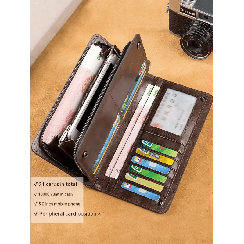Men's Long Wallet with Genuine Leather & Multiple Compartments - 1st Layer Cowhide - 3 Colors