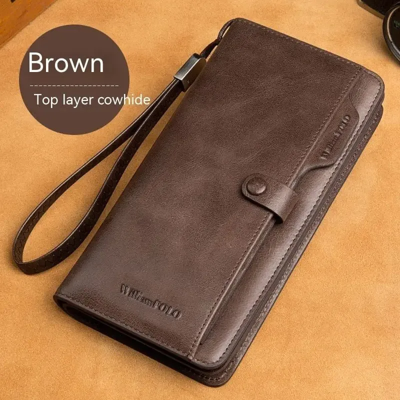 Men's Long Wallet with Genuine Leather & Multiple Compartments - 1st Layer Cowhide - 3 Colors