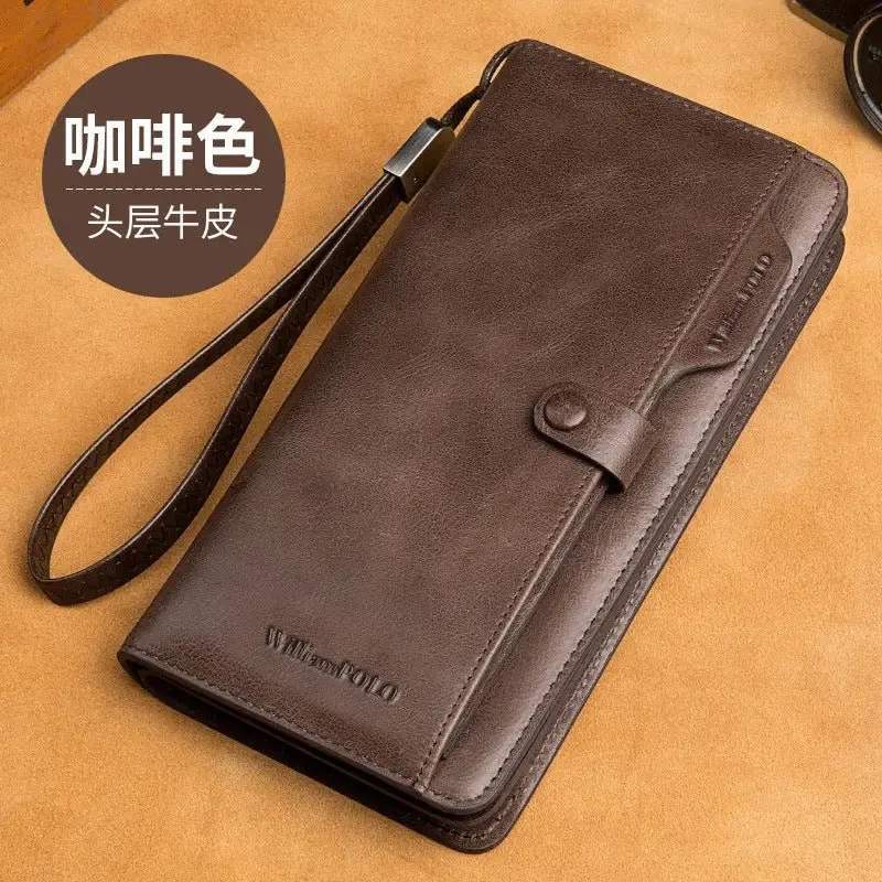 Men's Long Wallet with Genuine Leather & Multiple Compartments - 1st Layer Cowhide - 3 Colors