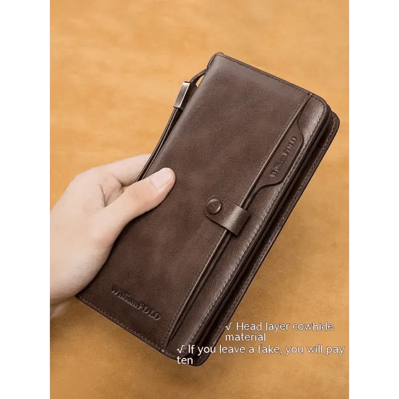 Men's Long Wallet with Genuine Leather & Multiple Compartments - 1st Layer Cowhide - 3 Colors