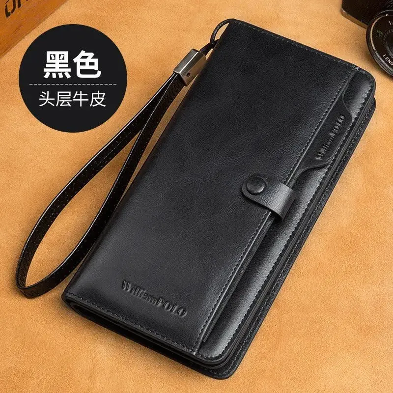 Men's Long Wallet with Genuine Leather & Multiple Compartments - 1st Layer Cowhide - 3 Colors