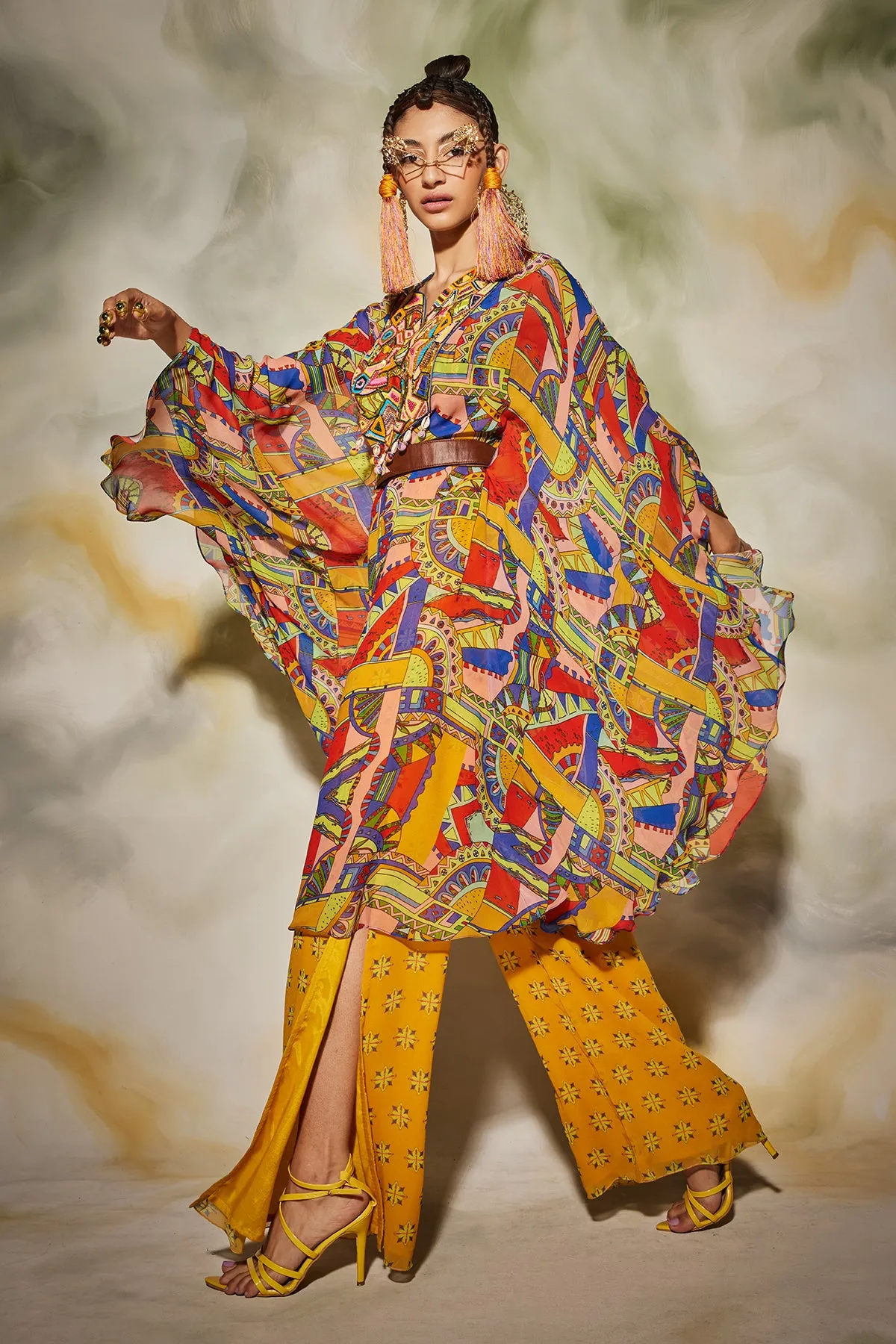 Multicolor Neon Geometric Print Kaftan Set