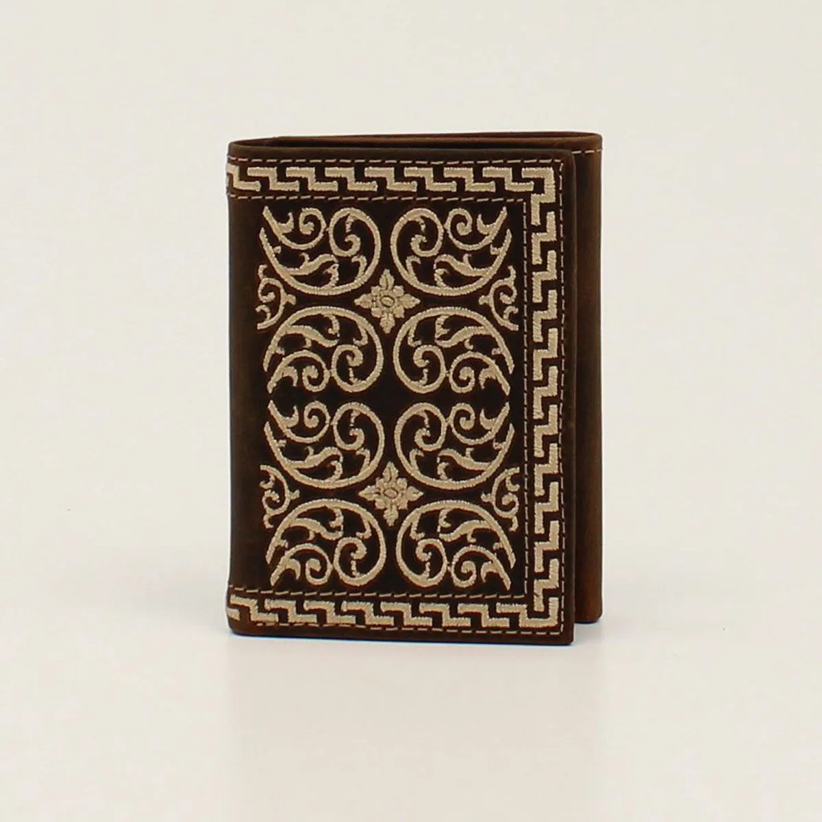 Nocona Brown Trifold Wallet with Cream Embroidered Stitching