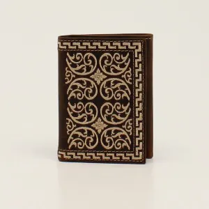 Nocona Brown Trifold Wallet with Cream Embroidered Stitching
