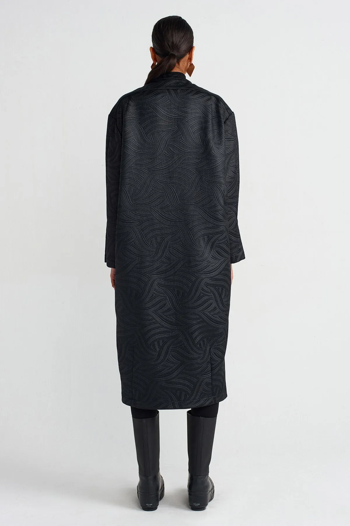 Nu Jacquard Long Chic Coat Black