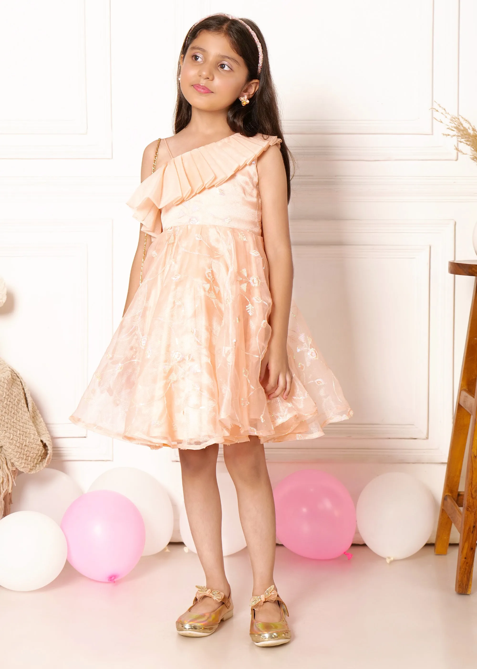 Peach Blossom One-Shoulder Organza Dress