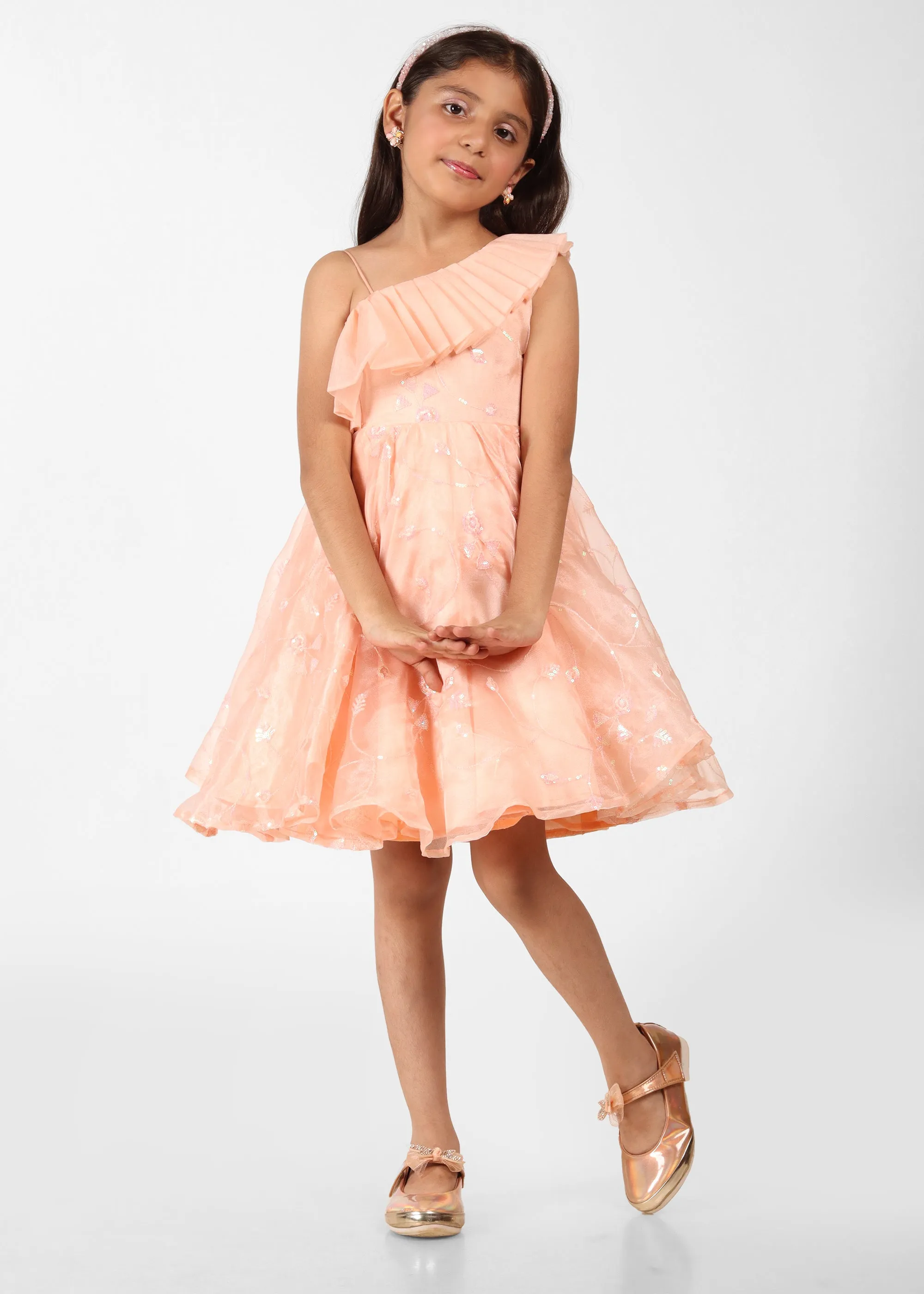Peach Blossom One-Shoulder Organza Dress