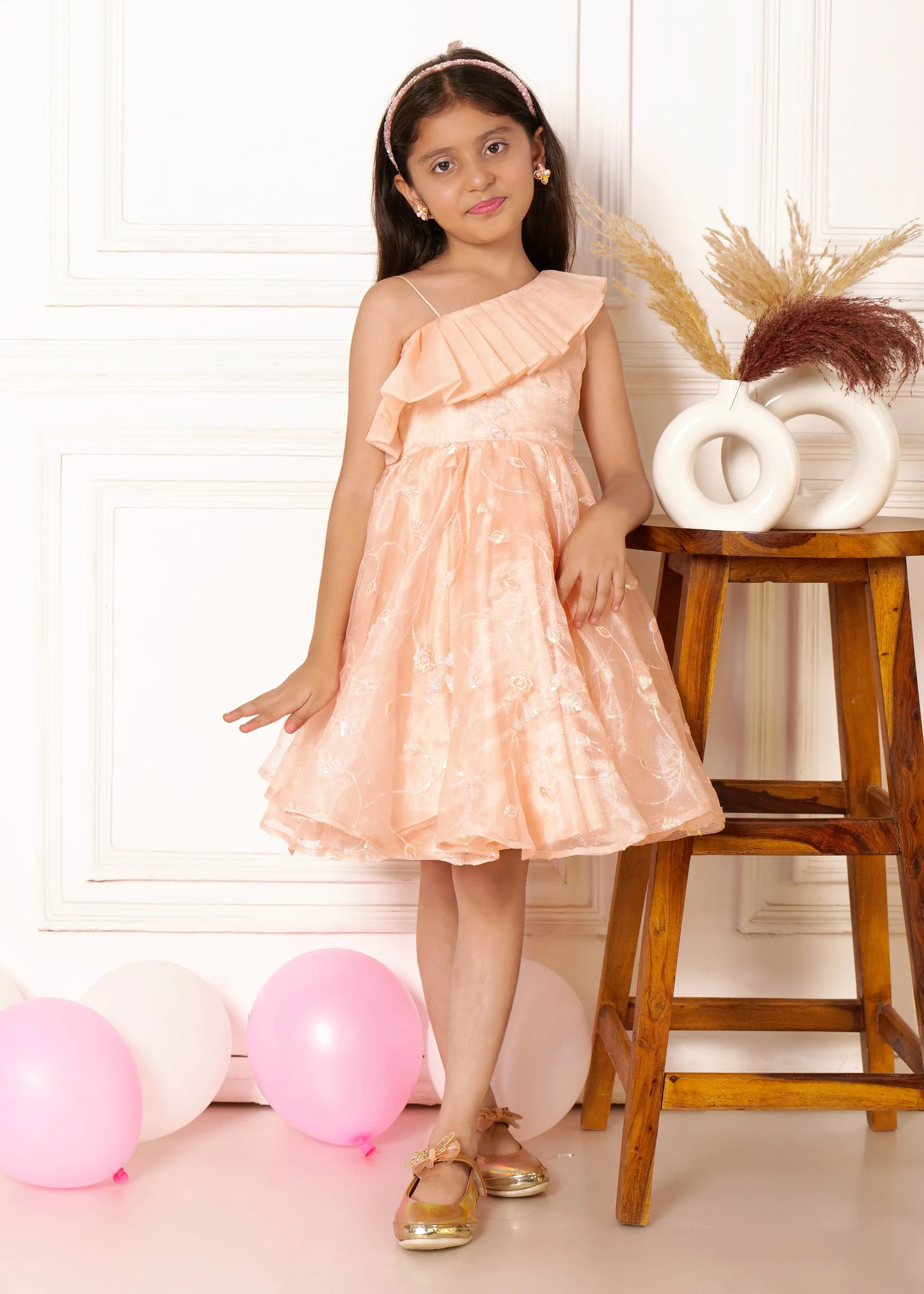 Peach Blossom One-Shoulder Organza Dress