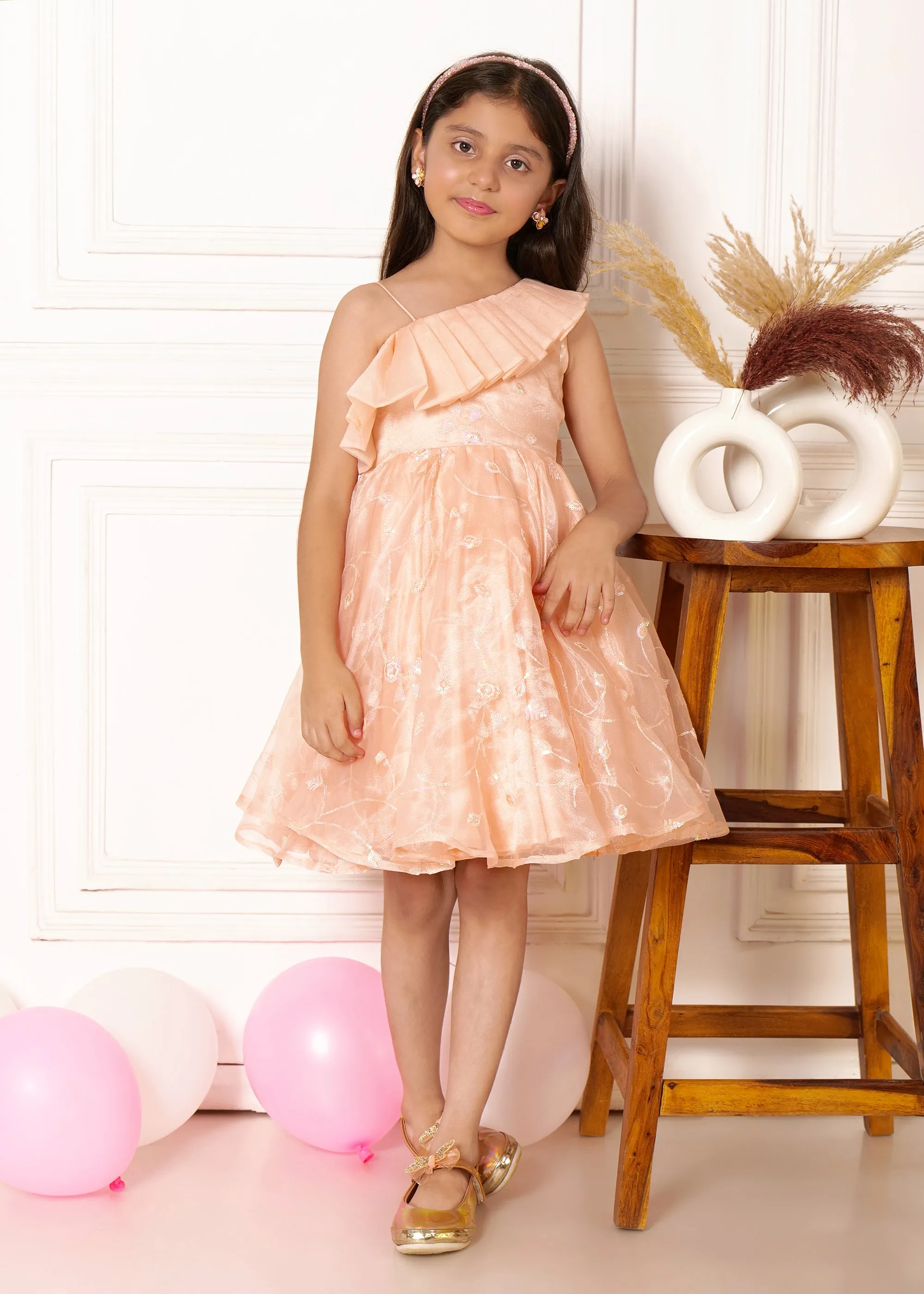 Peach Blossom One-Shoulder Organza Dress