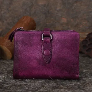 Purple Womens Wallet Small Leather Bifold Wallet Vintage Billfold Cute Women Buckle Wallet For Ladies