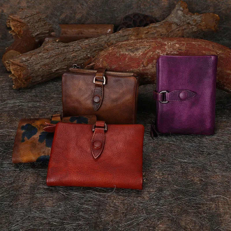 Purple Womens Wallet Small Leather Bifold Wallet Vintage Billfold Cute Women Buckle Wallet For Ladies