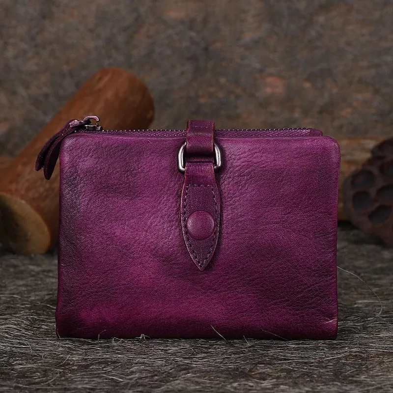 Purple Womens Wallet Small Leather Bifold Wallet Vintage Billfold Cute Women Buckle Wallet For Ladies
