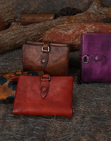 Purple Womens Wallet Small Leather Bifold Wallet Vintage Billfold Cute Women Buckle Wallet For Ladies