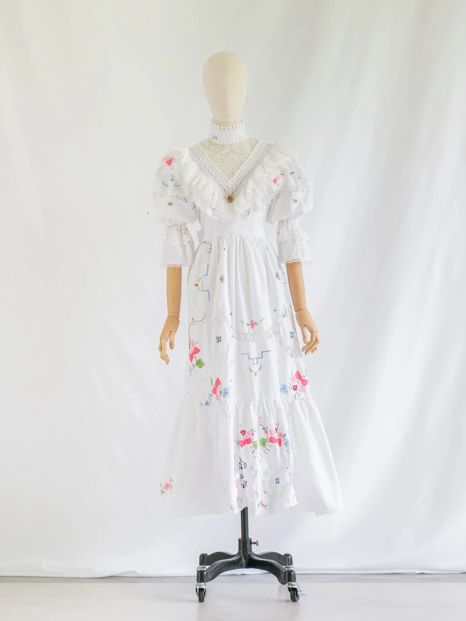 Re-design Upcycled Rose Embroidered White Maxi Dress