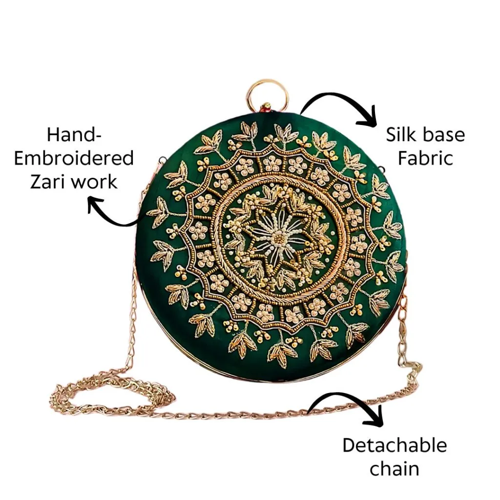 Round Zari Pearl Clutch | Green