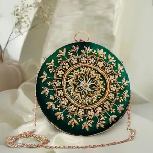 Round Zari Pearl Clutch | Green