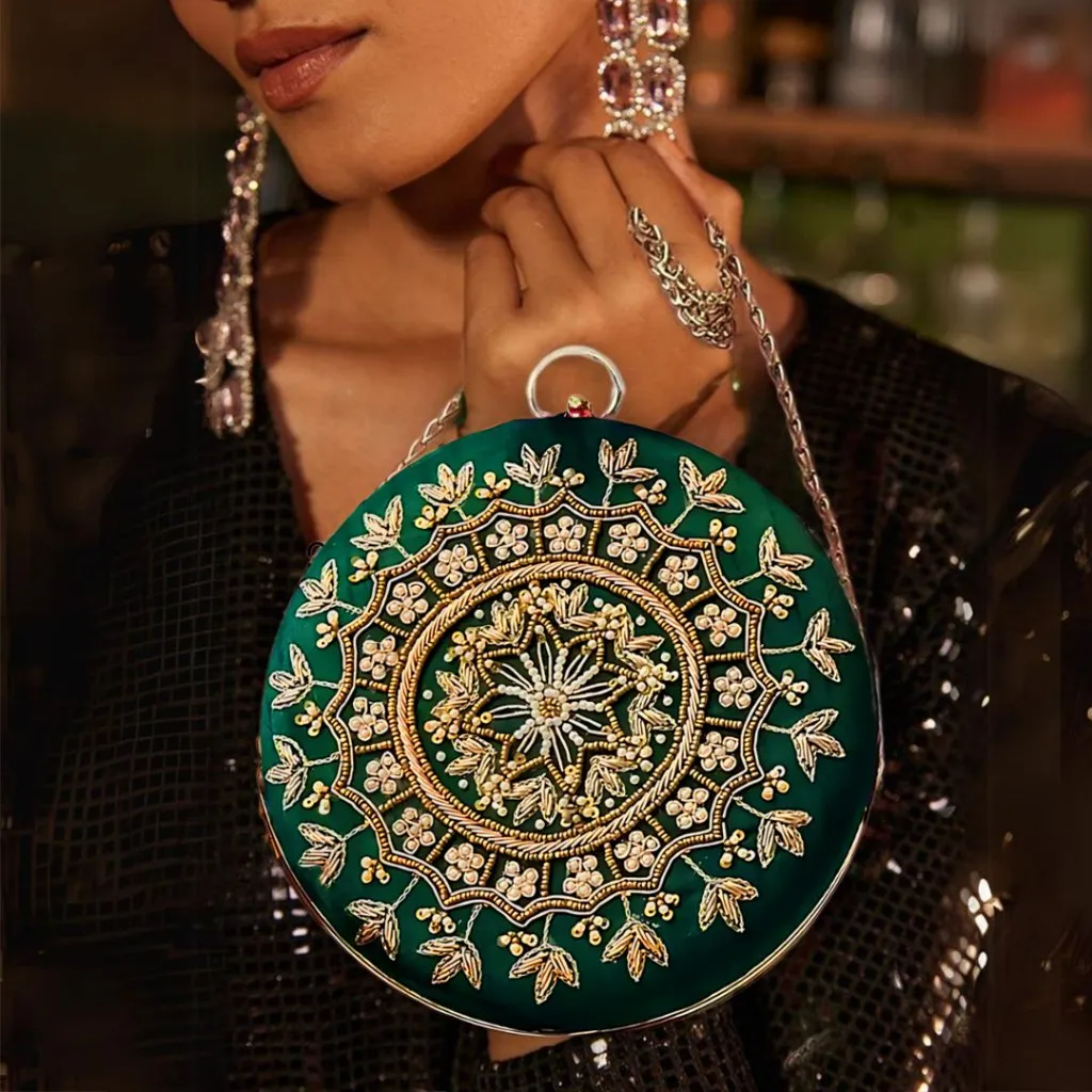 Round Zari Pearl Clutch | Green