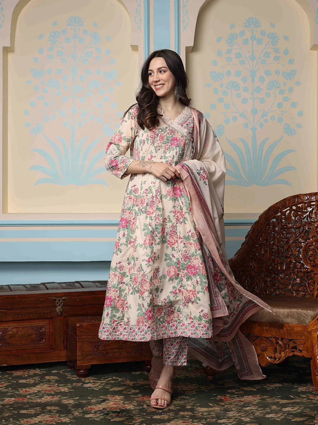 Soft Cotton Cream Floral Printed Anarkali Kurta with Cotton Printed Dupatta & Straight Bottom