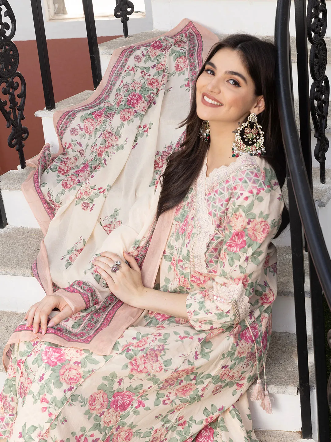Soft Cotton Cream Floral Printed Anarkali Kurta with Cotton Printed Dupatta & Straight Bottom