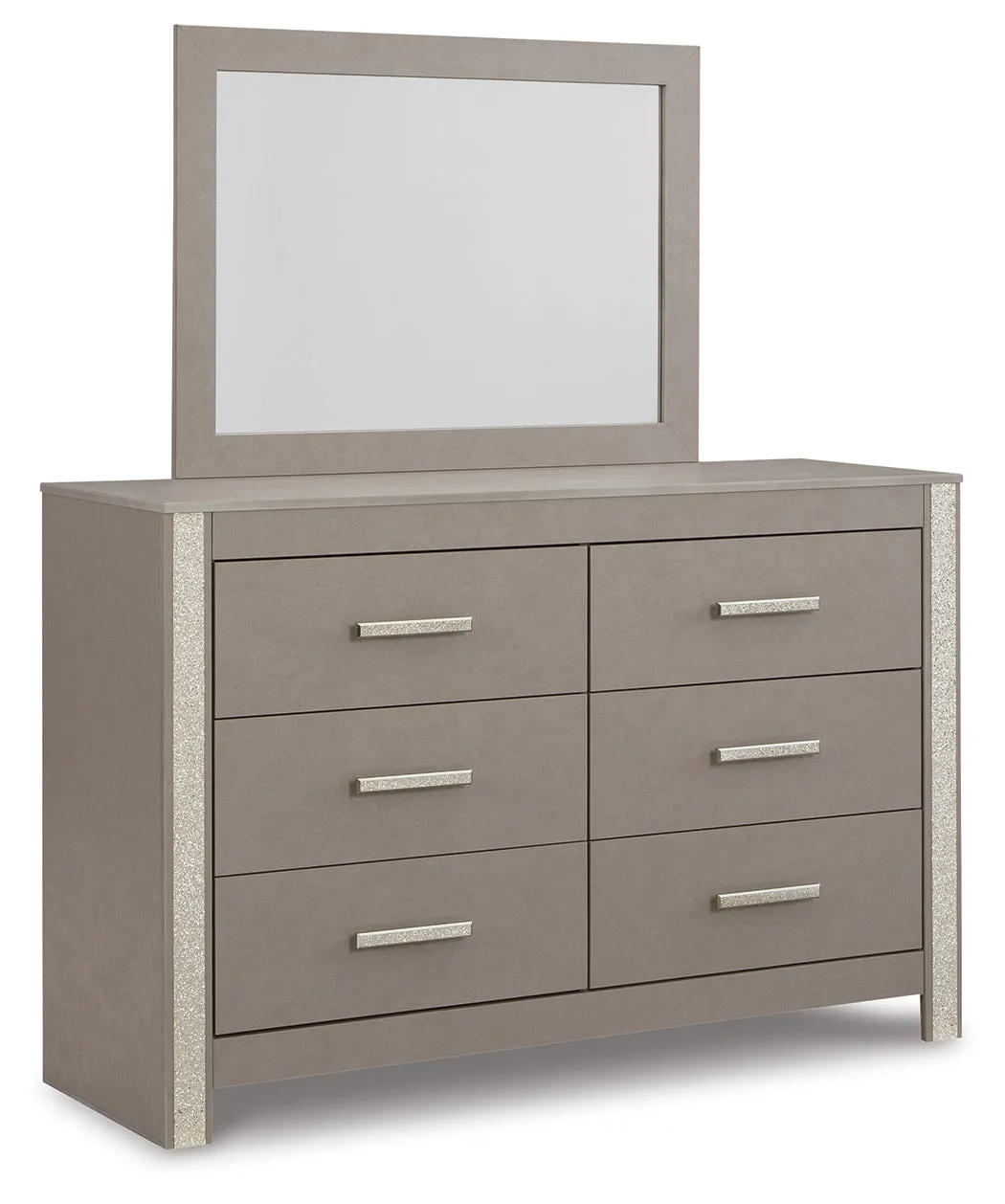 Surancha Full Panel Bed with Mirrored Dresser, Chest and Nightstand in Gray