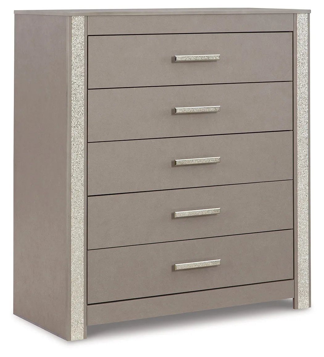 Surancha Full Panel Bed with Mirrored Dresser, Chest and Nightstand in Gray