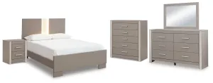 Surancha Full Panel Bed with Mirrored Dresser, Chest and Nightstand in Gray