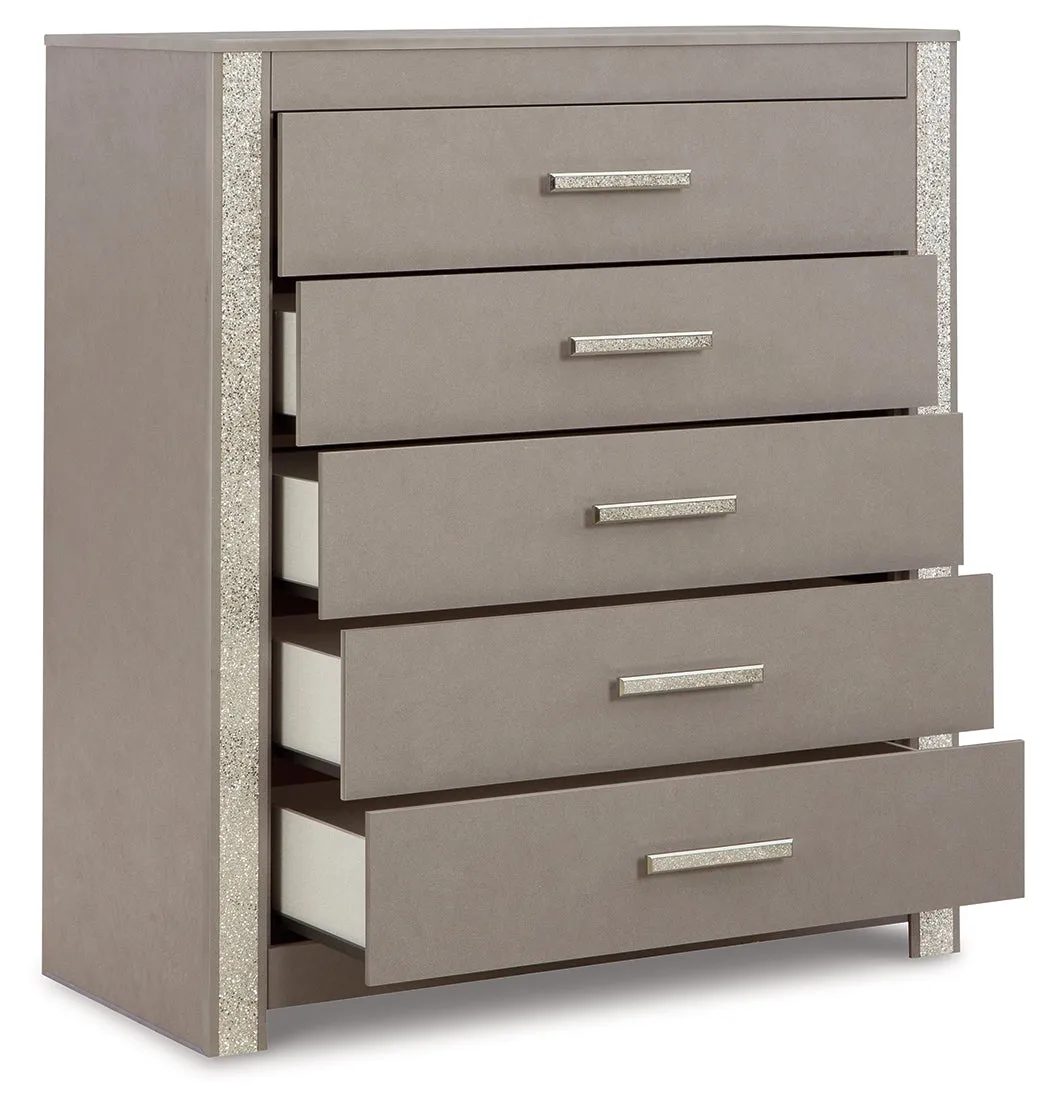 Surancha Full Panel Bed with Mirrored Dresser, Chest and Nightstand in Gray