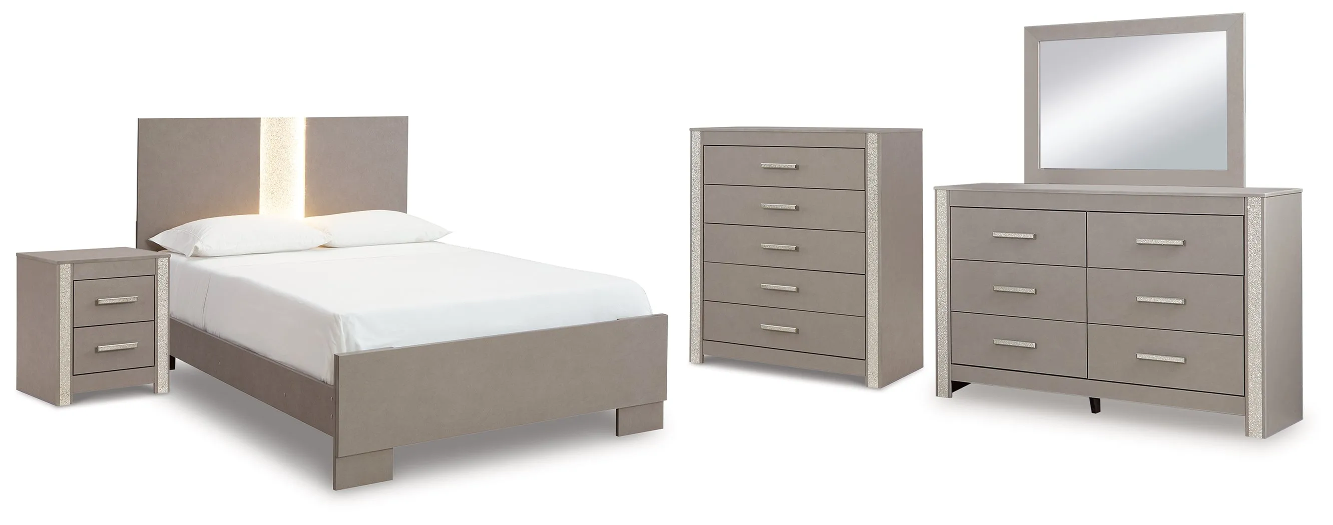 Surancha Full Panel Bed with Mirrored Dresser, Chest and Nightstand in Gray