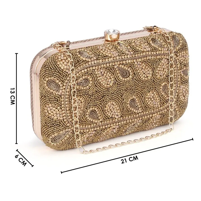 THE CLOWNFISH Anmol Collection Womens Party Clutch Ladies Wallet with Chain Strap Evening Sling Bag with Fashionable Beads Work Floral Design (Peach)