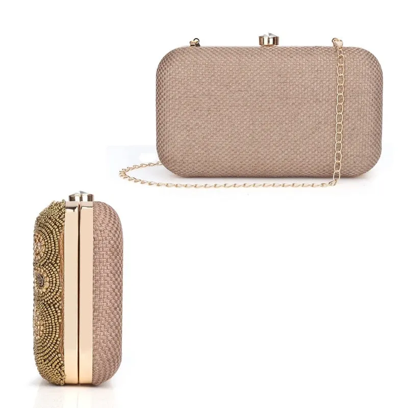 THE CLOWNFISH Anmol Collection Womens Party Clutch Ladies Wallet with Chain Strap Evening Sling Bag with Fashionable Beads Work Floral Design (Peach)