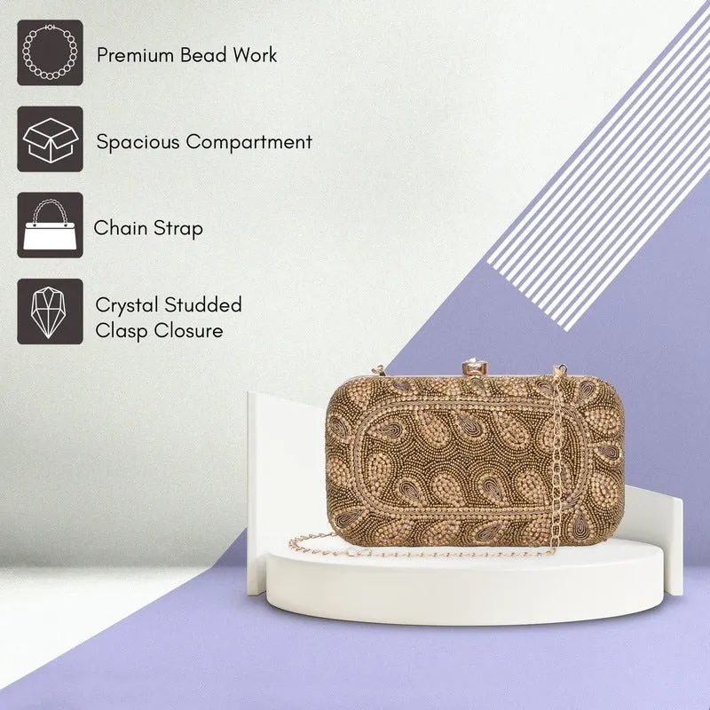 THE CLOWNFISH Anmol Collection Womens Party Clutch Ladies Wallet with Chain Strap Evening Sling Bag with Fashionable Beads Work Floral Design (Peach)