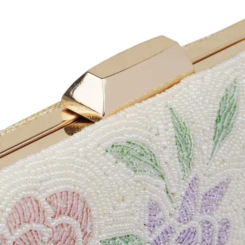THE CLOWNFISH Anmol Collection Womens Party Clutch Ladies Wallet with Chain Strap Evening Sling Bag with Fashionable Beads Work Floral Design (White)