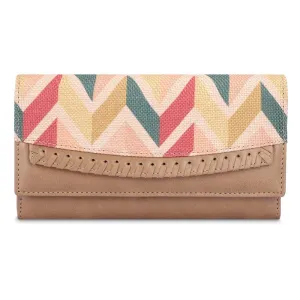 THE CLOWNFISH Ladyluxe Collection Printed Handicraft Fabric & Faux Leather Womens Wallet Clutch Ladies Purse with Multiple Card Slots (Cream-Wave Design)