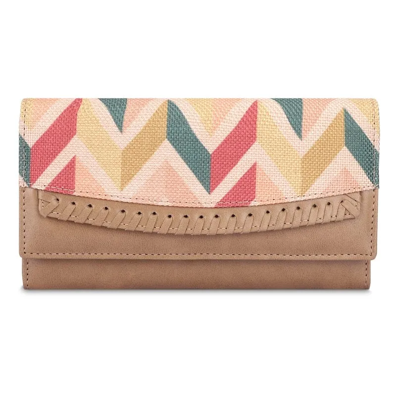 THE CLOWNFISH Ladyluxe Collection Printed Handicraft Fabric & Faux Leather Womens Wallet Clutch Ladies Purse with Multiple Card Slots (Cream-Wave Design)