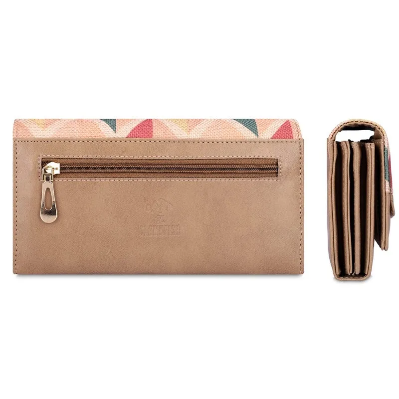 THE CLOWNFISH Ladyluxe Collection Printed Handicraft Fabric & Faux Leather Womens Wallet Clutch Ladies Purse with Multiple Card Slots (Cream-Wave Design)