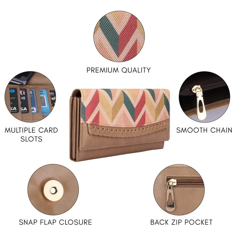 THE CLOWNFISH Ladyluxe Collection Printed Handicraft Fabric & Faux Leather Womens Wallet Clutch Ladies Purse with Multiple Card Slots (Cream-Wave Design)