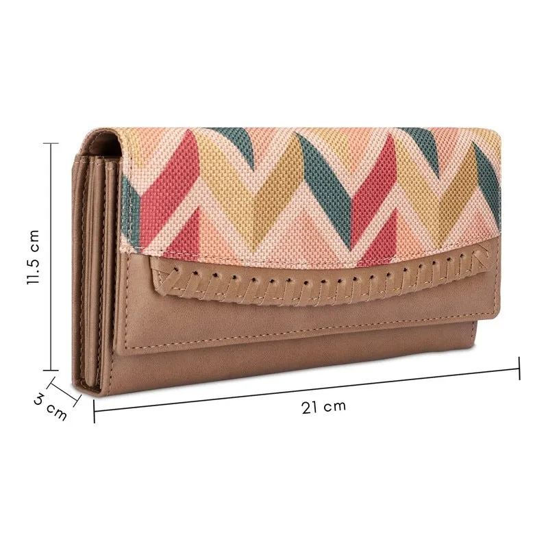THE CLOWNFISH Ladyluxe Collection Printed Handicraft Fabric & Faux Leather Womens Wallet Clutch Ladies Purse with Multiple Card Slots (Cream-Wave Design)