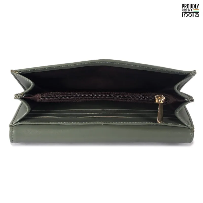 THE CLOWNFISH Laura Collection Womens Wallet Clutch Ladies Purse with multiple card slots (Olive Green)