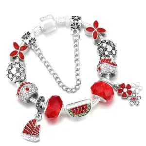 Watermelon & Flowers Red Beads Charm Bracelet