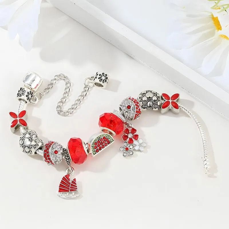 Watermelon & Flowers Red Beads Charm Bracelet