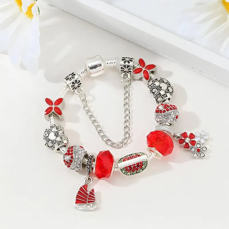 Watermelon & Flowers Red Beads Charm Bracelet