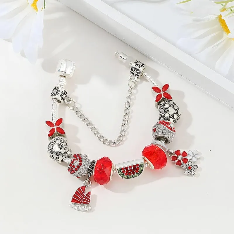 Watermelon & Flowers Red Beads Charm Bracelet