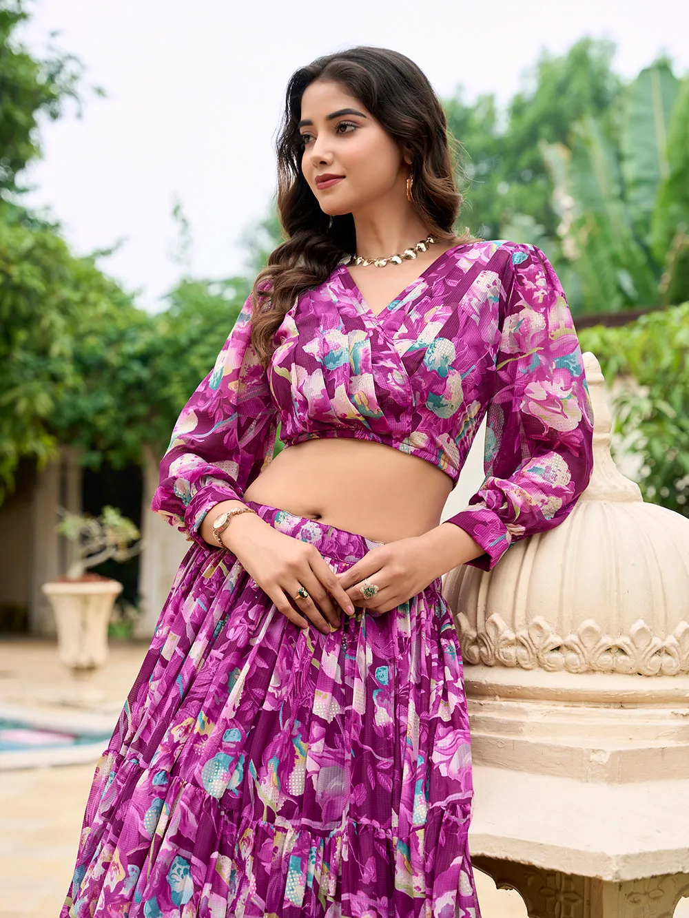 Wine Color Floral Printed Georgette Chex Co-ord Set Lehenga Choli