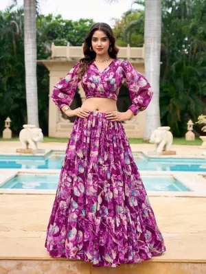 Wine Color Floral Printed Georgette Chex Co-ord Set Lehenga Choli