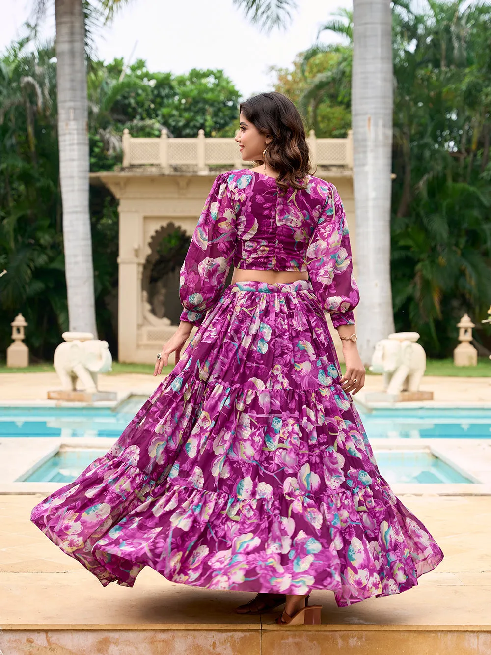 Wine Color Floral Printed Georgette Chex Co-ord Set Lehenga Choli